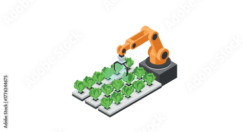 Isometric automated farming with robotic arm harvesting crops on hydroponic beds