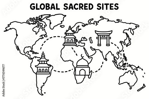 Children's Landmark Map. Global sacred sites children?s coloring book illustration, outlined drawing, a simple world map with tiny landmark icons like a