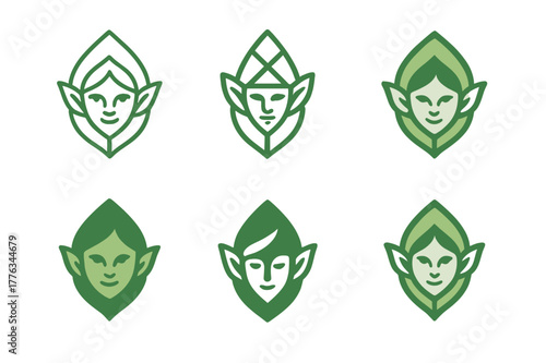 Fairy Tale Emblem Variations. fairy-tale creatures. Set Logo of fairy-tale creatures: Elf leaf crest. Icon set. harmonious logo variations of the