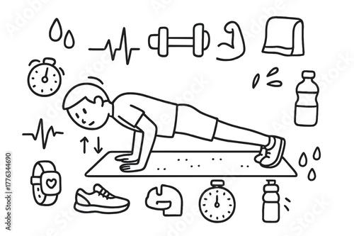 Push-Up Fitness Icons. Push-ups. Hand-drawn doodle illustration push-ups person doing push-up, exercise mat, dumbbell, stopwatch, water bottle,