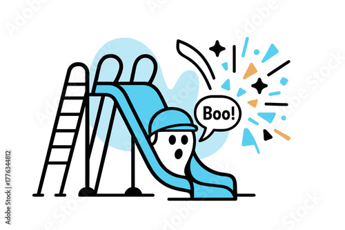 Playful Slide Surprise. Playground Slide Surprise. A helmet pops from the slide mouth with a whisper ?boo!?; swings behind trace smooth arcs. Confetti shapes