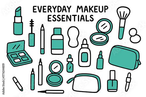 Makeup Essentials Doodle. Everyday makeup essentials. Hand-drawn doodle illustration everyday makeup essentials lipstick (accented), mascara tube, compact