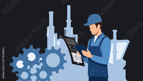 Mechanical Engineer Working on Machine Design Vector Illustration