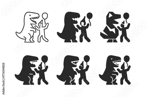 Costume Party Logos. people wearing funny costumes at a costume party. Set Logo of people wearing funny costumes at a costume party: Inflatable dinosaur suit.