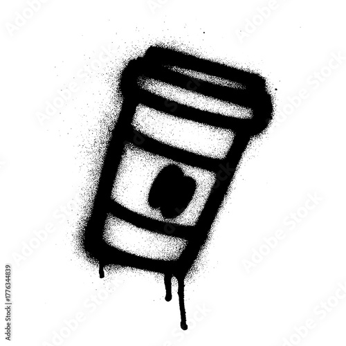 Black graffiti stencil of a takeaway coffee cup with coffee bean symbol. Street art illustration with dripping spray paint effect, representing urban lifestyle, caffeine, and cafe culture.