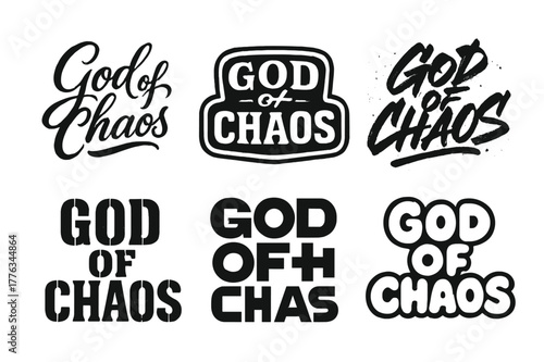 Chaos Lettering Variations. God of Chaos. Set lettering. harmonious lettering variations of the same emblematic concept (Elegant script with flowing curves,