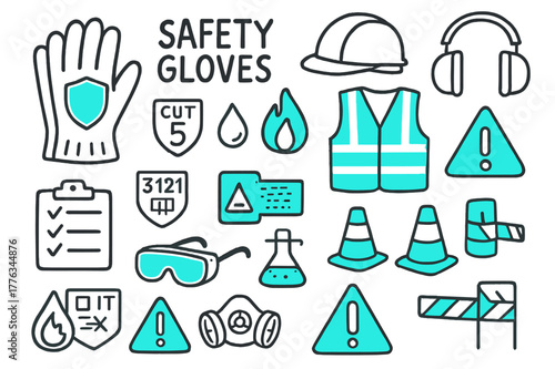 Safety Gear Doodles. // Safety gloves. Hand-drawn doodle illustration safety gloves [glove pair with shield (accented), PPE helmet, ear protection,