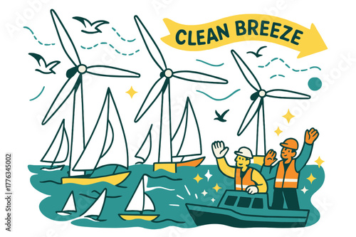 Sailboats and Wind Turbines. Offshore wind farms. Sailboats pass giant turbines as gulls trace dotted wind lines; ?Clean breeze? floats on a ribbon. Workers