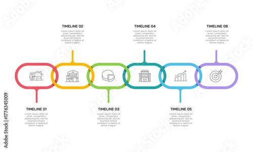 Business Process Chain Infographic with 6 Steps Timeline. Presentation, Plan and Strategy. Vector illustration.