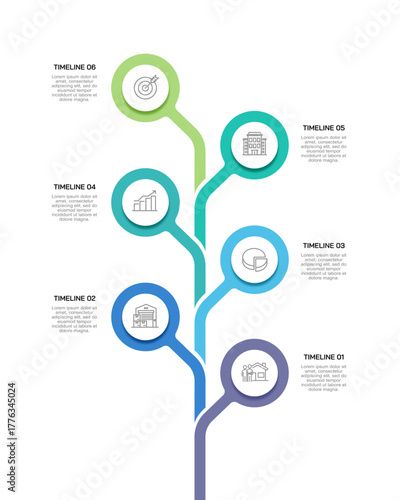 6 Steps vertical organizational chart design for project planning and tracking progress. Presentations, deadlines and milestones. Vector illustration.