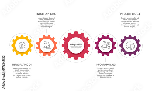 Infographic about gears 6 steps cogwheel engineering. Business presentation, Plan and Strategy. Vector illustration.