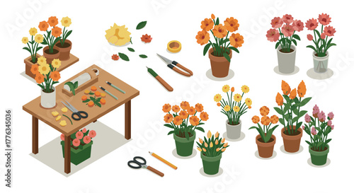 Isometric floral workshop with various potted plants and gardening tools
