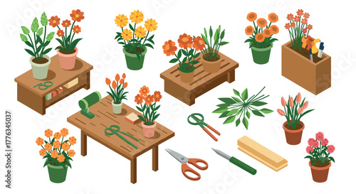 Colorful garden tools and potted plants in flat isometric design for gardening enthusiasts