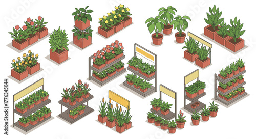Isometric garden display with potted plants and flower arrangements