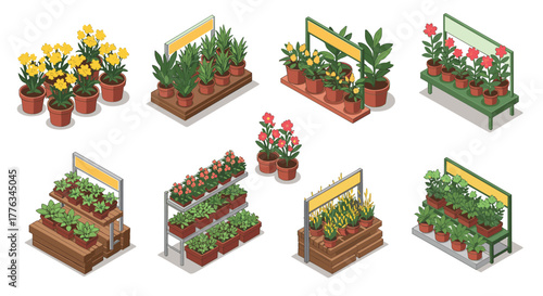 Various potted flowers and plants displayed on stands in isometric style for garden design inspiration