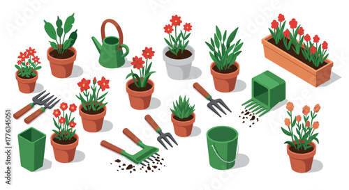Isometric gardening tools and potted plants collection for home gardeners