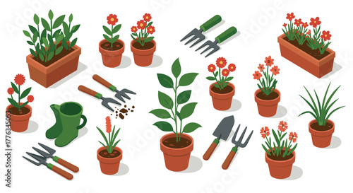 Isometric gardening set with plants, tools, and pots for urban landscaping