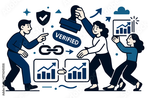 Data Integrity Verification. Data integrity & verification. Checksum icons and chain links align into a sturdy line; a stamp hits ?Verified?. Two identical
