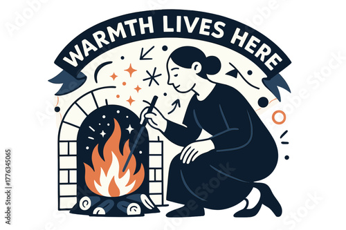 Hearth's Keeper. Keeper of the Hearth. A calm figure tends a glowing fire; sparks rise like tiny stars of care. Ribbon text ?warmth lives here? arcs above the
