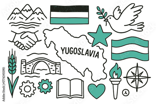 Yugoslavia Icons Doodle. // Yugoslavia. Hand-drawn doodle illustration Yugoslavia [map outline (accented), red star (accented), flag stripes (accented),