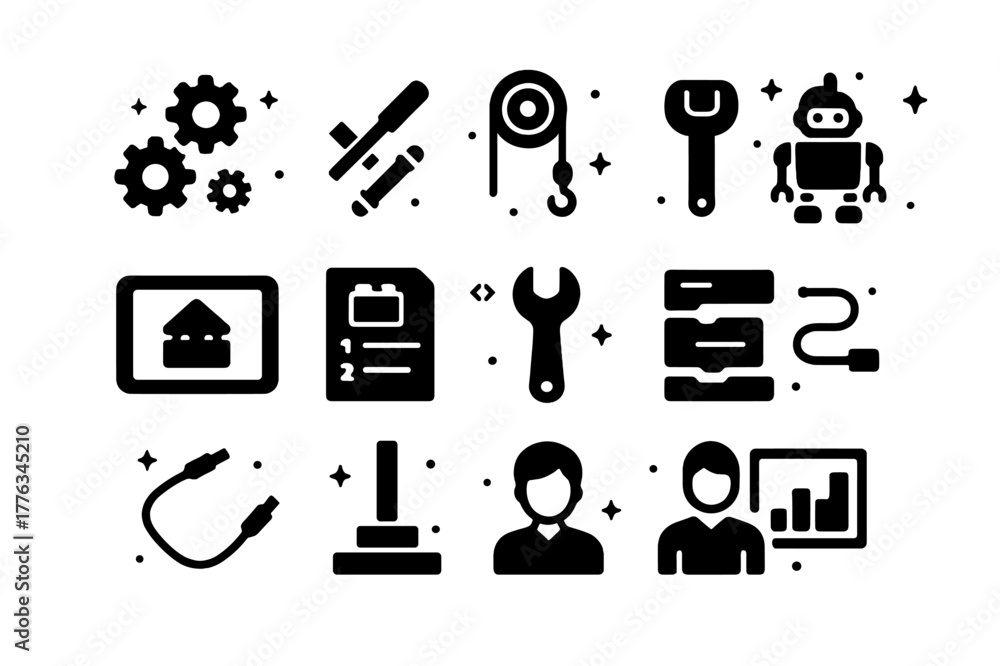 Fototapeta premium LEGO STEM Icons. STEM Learning with LEGO. Solid icons set of STEM Learning with LEGO: gears, axles, pulley, robot, tablet, instruction sheet, wrench, code