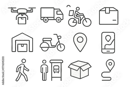 Smart Last-Mile Icons. Smart last-mile. Line icon set of smart last-mile: drone, delivery van, bicycle courier, package, warehouse, scooter, map marker,