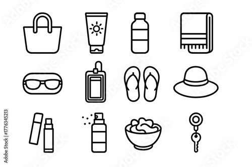 Poolside Essentials Icons. Poolside Essentials. Line icon set of Poolside Essentials: tote bag, sunscreen, water bottle, beach towel, sunglasses case, phone in