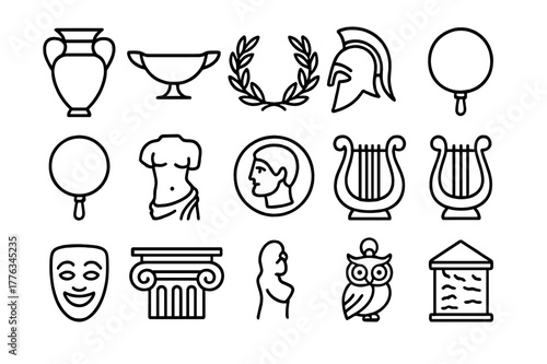 Greek Relics Icons. Greek relics. Line icon set of Greek relics: amphora, kylix, laurel wreath, hoplite helmet, bronze mirror, statue fragment, drachma coin,