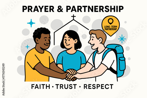 Faithful Unity. Prayer & Partnership. Two local leaders and a visiting team join hands beneath a simple church outline; a pin reads ?Long-Term Partnership.?
