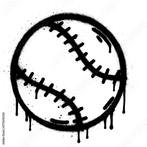 Graffiti Baseball Icon with Dripping Black Spray Paint on White Background.