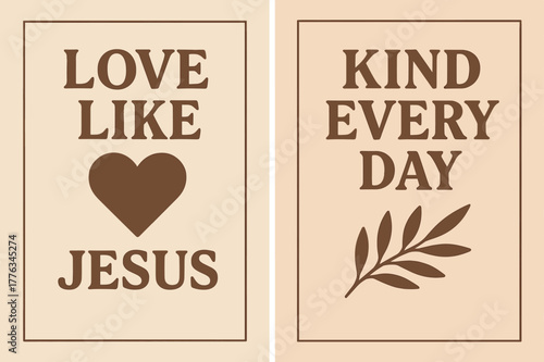 Love and Kindness Banners. Love in Action. Two vertical A6 banners with safe margins, centered composition, no elements touching edges, retro, cocoa and blush,