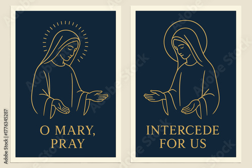 Marian Prayer Banners. Marian Intercession. Two vertical A6 banners with safe margins, centered composition, no elements touching edges, minimal, navy and