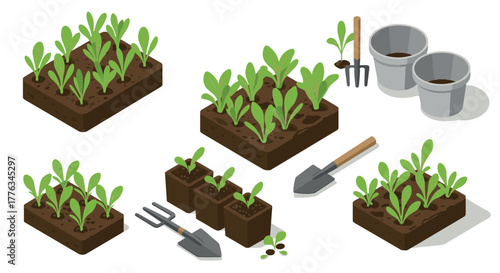 Isometric garden tools and seedlings urban farming and sustainable gardening