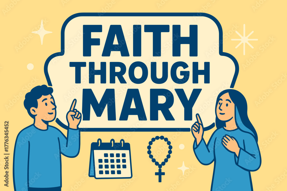 Naklejka premium Faith Through Mary. Faith Through Mary banner, flat vector illustration, bold oversized text inside sticker outline banner, cartoon characters standing and