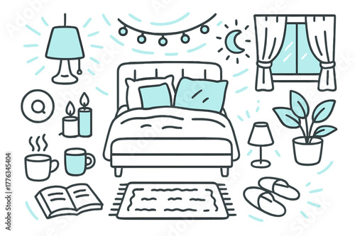 Cozy Bedroom Doodle. Bedroom cozy glow. Hand-drawn doodle illustration bedroom cozy glow [bedside lamp (accented), fairy string lights (accented), candle set