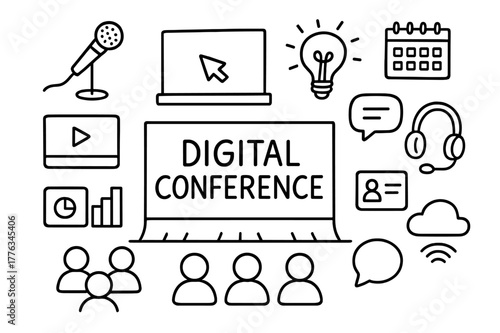 Digital Conference Doodle. Digital conference. Hand-drawn doodle illustration digital conference stage screen, microphone, laptop, audience icons, presentation