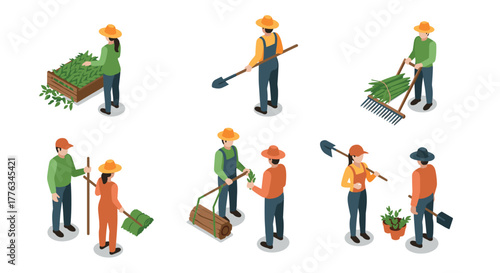 Isometric gardening scene with farmers in hats using tools and engaging in various outdoor activities