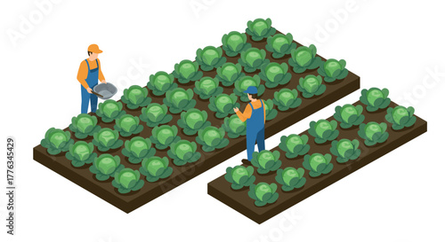Isometric farming scene with workers tending cabbage crops on raised beds