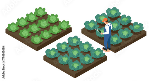 Farmer inspecting cabbage crops in isometric vegetable garden