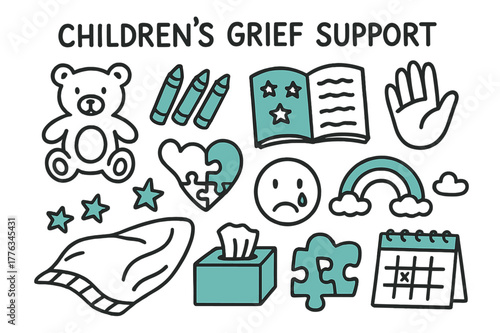 Children's Grief Support Icons. // Children?s grief support. Hand-drawn doodle illustration Children?s grief support [stuffed bear (accented),