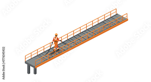 Isometric worker on industrial walkway with safety railings and helmet