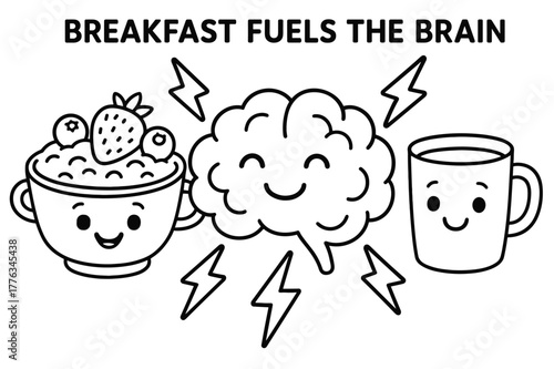 Brain-Boosting Breakfast. Breakfast fuels the brain children?s coloring book illustration, outlined drawing, a cheerful bowl of oatmeal, fruit, and a milk cup
