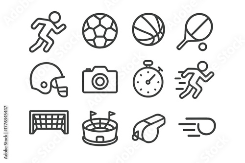 Action Sports Icons. Action sports. Line icon set of action sports: athlete running, soccer ball, basketball, tennis racket, football helmet, camera,