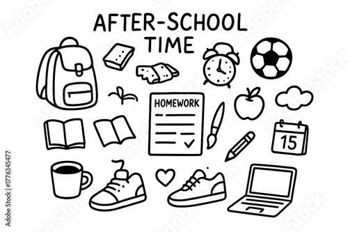 After-school Essentials Doodle. After-school time. Hand-drawn doodle illustration After-school time backpack, book, snack, soccer ball, clock, paintbrush,
