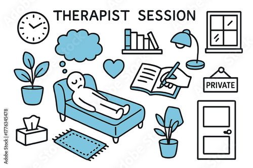 Therapist Session Doodle. // Therapist session. Hand-drawn doodle illustration Therapist session [sofa (accented), therapist notebook (accented), clock,