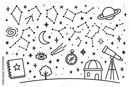 Celestial Doodles. Constellations and night sky. Hand-drawn doodle illustration Constellations and night sky star cluster, constellation lines, telescope,