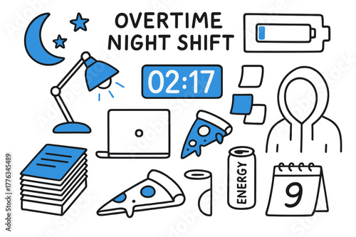 Overtime Night Doodle. // Overtime night shift. Hand-drawn doodle illustration Overtime night shift [moon & stars (accented), desk lamp (accented), laptop,