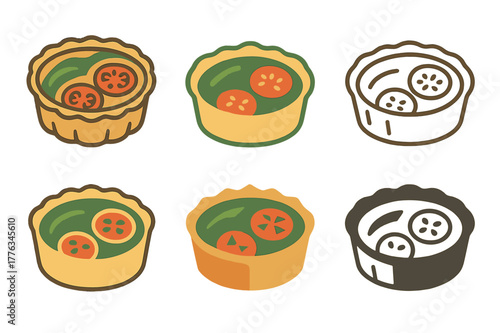 Vegetable Quiche Logos. Vegetable quiche. Set Logo of Vegetable quiche: tart filled with spinach and tomato. harmonious logo variations of the same emblematic