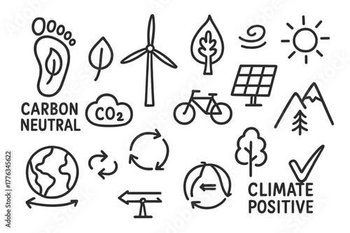 Carbon-Neutral Icons. Carbon-neutral and climate positive marks. Hand-drawn doodle illustration Carbon-neutral and climate positive marks footprint, leaf