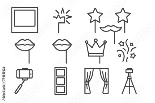 Photo Booth Icons. Photo Booth Fun. Line icon set of Photo Booth Fun: photo frame, camera flash, prop mustache, star glasses, lips prop, bow tie prop, crown